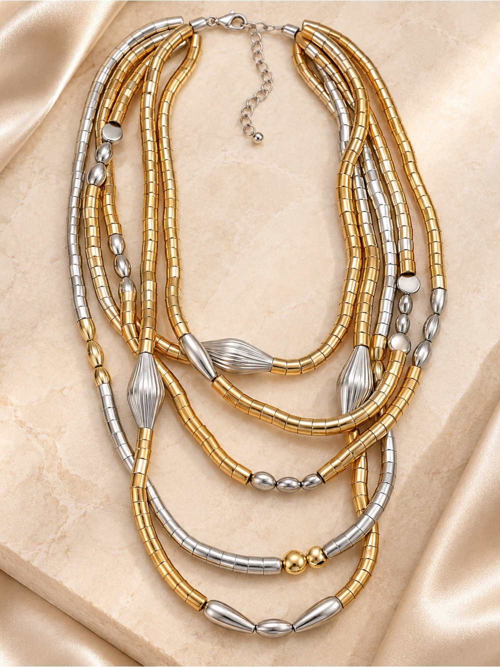 Gold & Silver Tone Multi Strand Statement Necklace